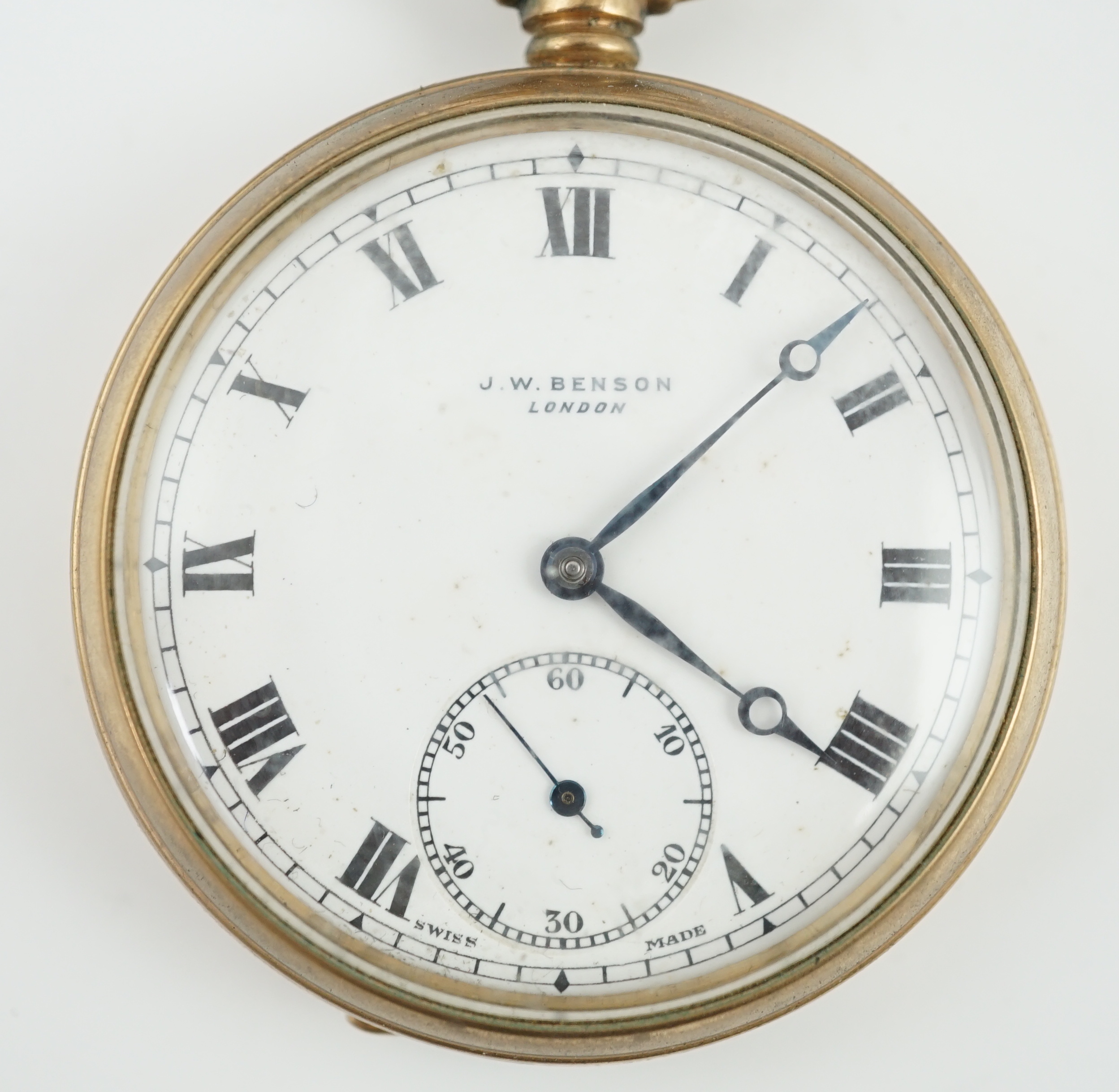 A George V J.W. Benson 9ct gold open face keyless pocket watch, with a 9ct gold curb link albert